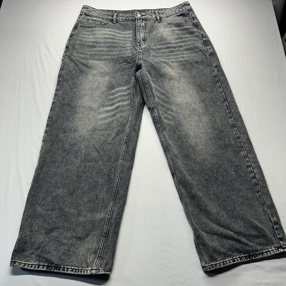 Manfinity Mens Wide Leg Jeans Faded Black Denim Streetwear Size XL Relaxed Fit